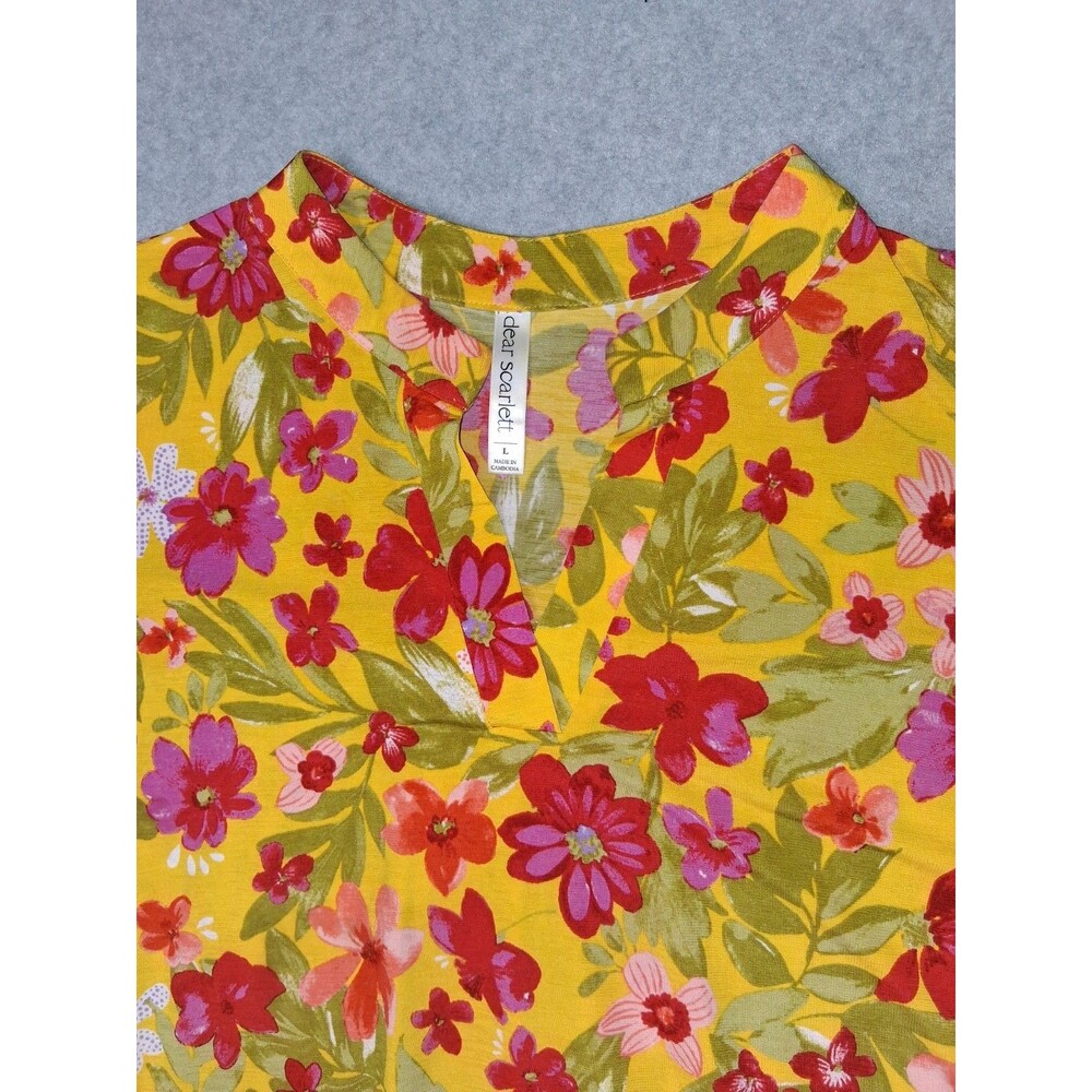 Dear Scarlett 3/4 Roll Tab Sleeve Popover tunic Blouse Large Yellow Floral Boho - Picture 3 of 12